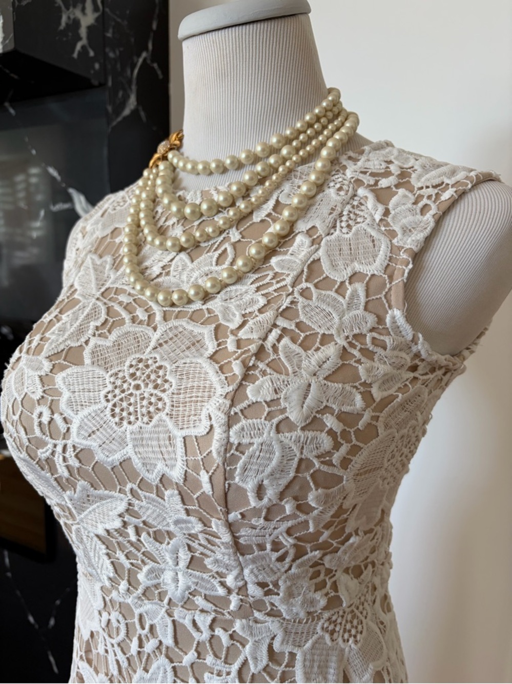 Cream Lace Overlay Prom Dress with Nude Lining